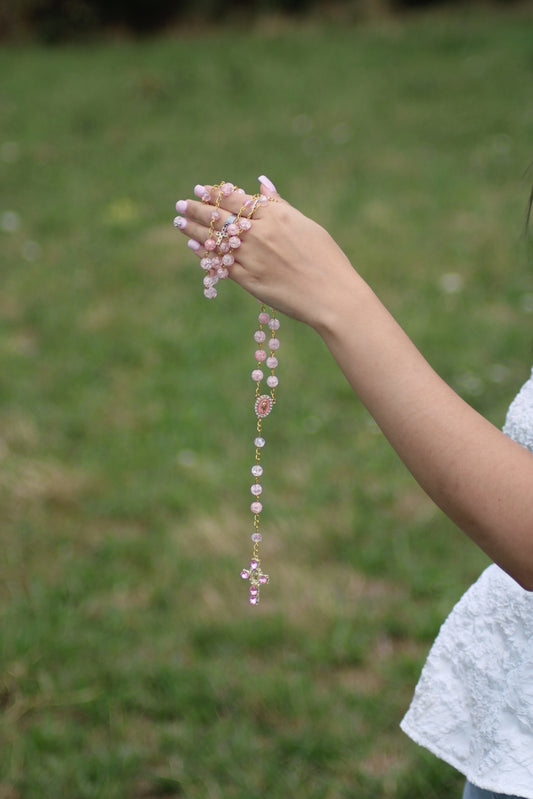 Chapelet rose pale et dorée